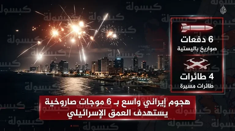 تفاصيل الهجوم الإيراني بـ 6 دفعات من الصواريخ الباليستية والمسيرات على تل أبيب والقدس اليوم الاثنين 9 مارس 2026