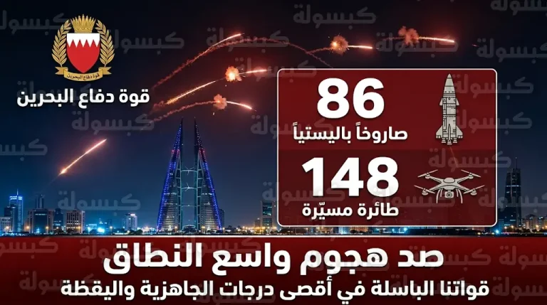 قوة دفاع البحرين تعلن اعتراض وتدمير 86 صاروخاً باليستياً و148 طائرة مسيّرة استهدفت أجواء المملكة اليوم الأحد